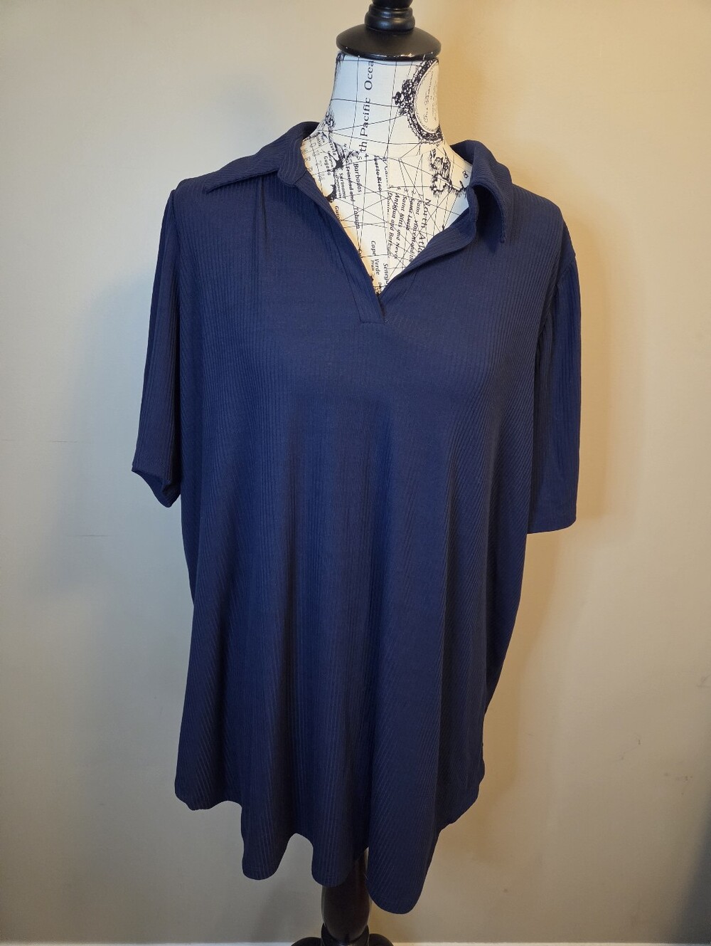 Lane Bryant 18/20 Plus Size Blue Ribbed Polo Tunic Top Collared Stretch Blouse